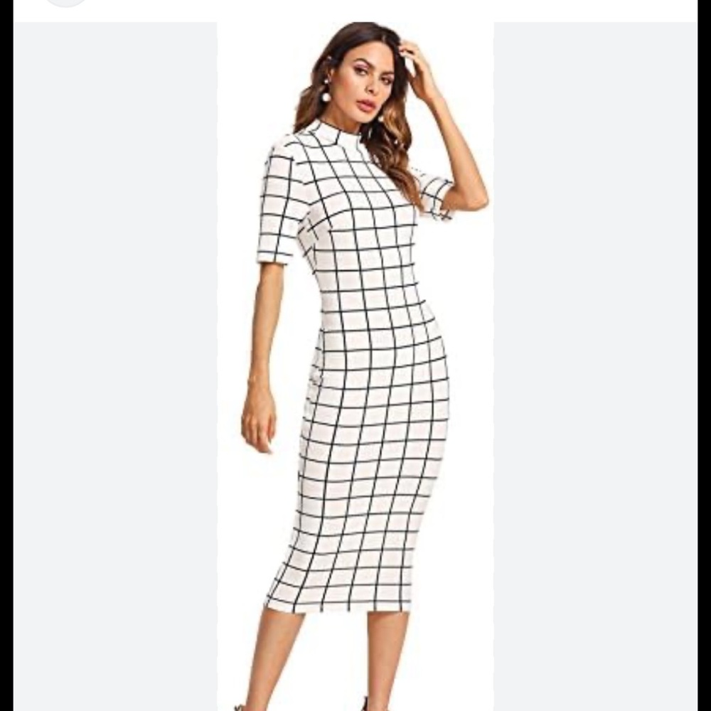 White Grid Midi Dress with Mock Neck